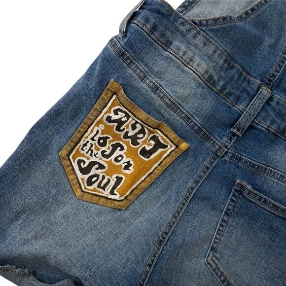 Distressed Denim Bib Overalls Paint Splatter Blue Spice Shortalls Juniors Size 5 - Picture 5 of 7